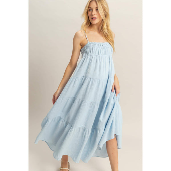 HF25C328-Empire Waist Sleeveless Tiered Maxi Dress