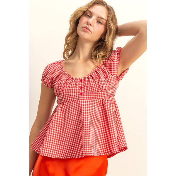 DZ25C042-Gingham Scoop Neck Cap Sleeve Blouse