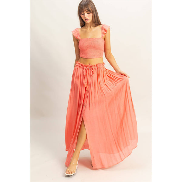 HF25E051-SET-Smocked Sleeveless Top And Maxi Skirt Set