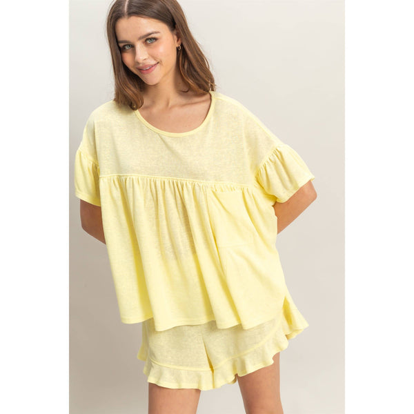 HF25C714-SET-Slub Cotton Top And Flowy Shorts Set
